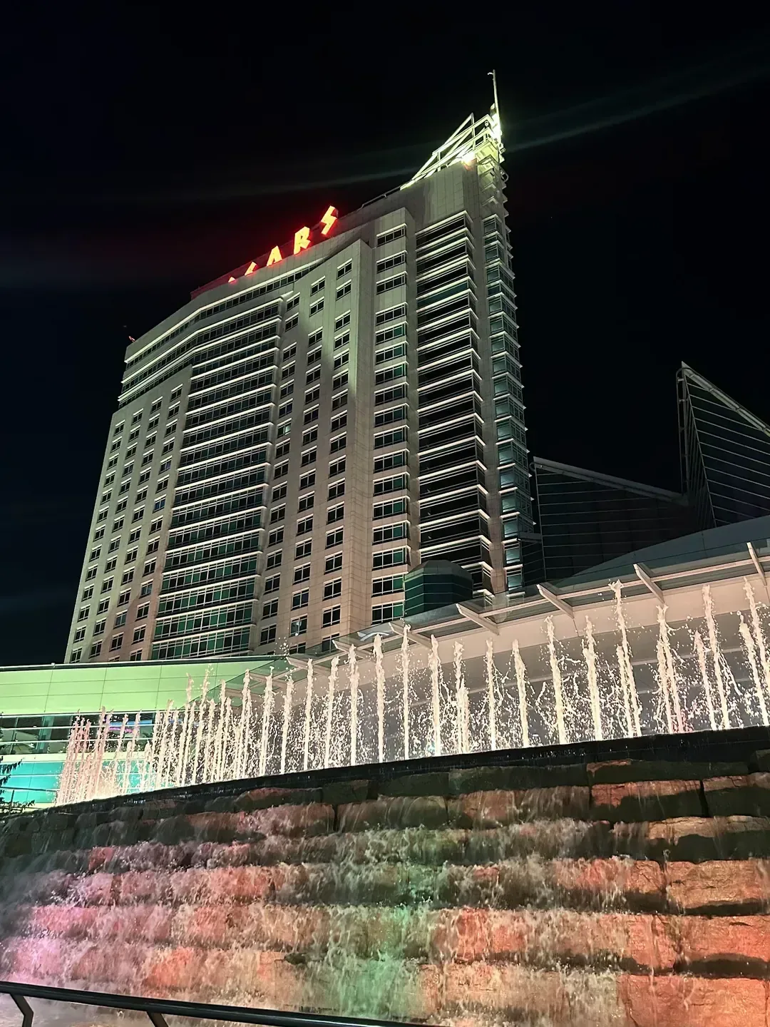 Waterfront hotel towers at evening